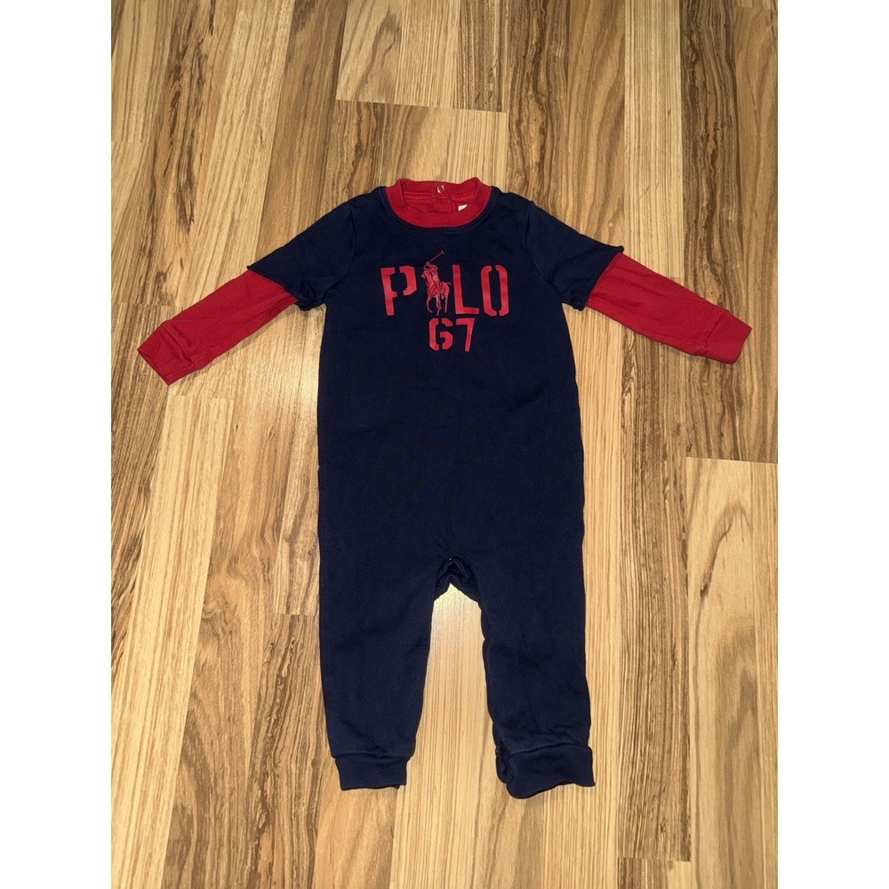Ralph Lauren Polo Baby Sz 9 Months One piece Infant Nay Red Long Sleeve Snaps